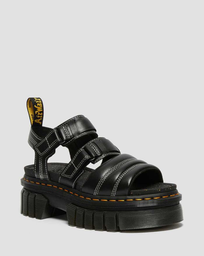 Dr Martens Womens Ricki Nappa Lux Leather 3-Strap Sandals Black - 56938YOFR